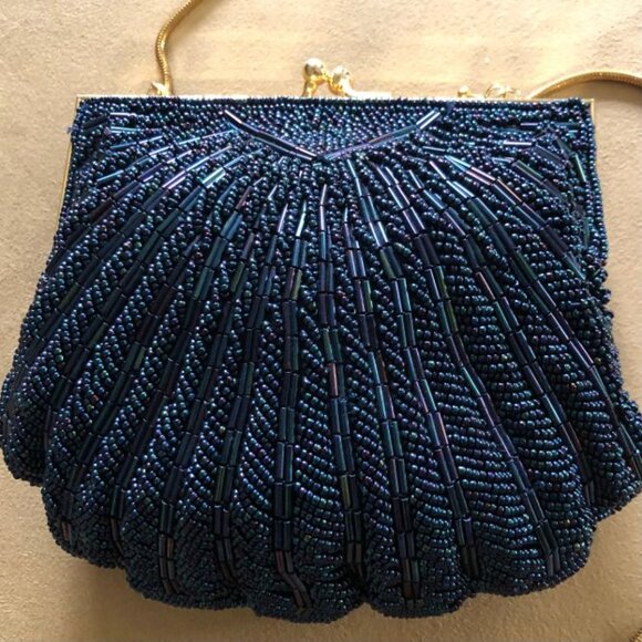 Vintage Handmade Blue Beaded Clamshell Evening Bag - Picture 3 of 8